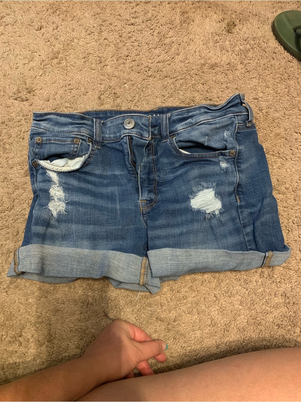 American Eagle Outfitters Rolled Cuff Distressed Denim Shorts - Blue